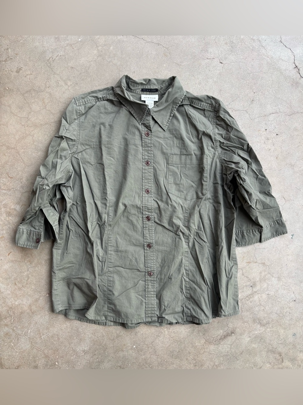 Avenue Olive Green Cotton Stretch Button Down Shirt 3/4 Sleeve Plus 18/20